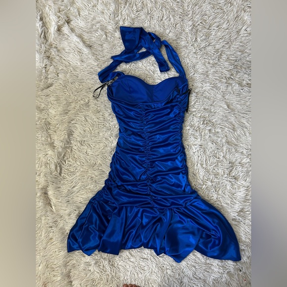 Y2K Le Chateau Halter Ruched Frill Cobalt Blue Formal Dress - Picture 5 of 7